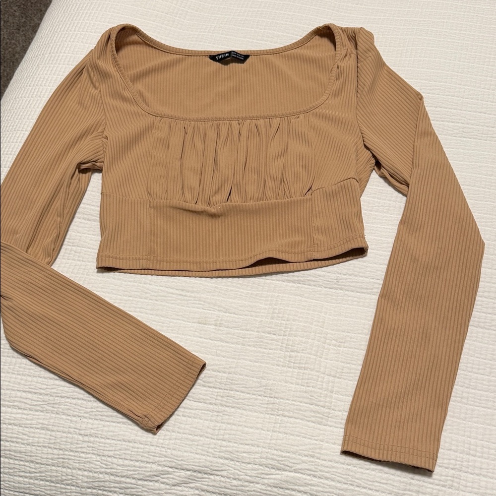 SHEIN Tan Ribbed Long Sleeve Crop Top